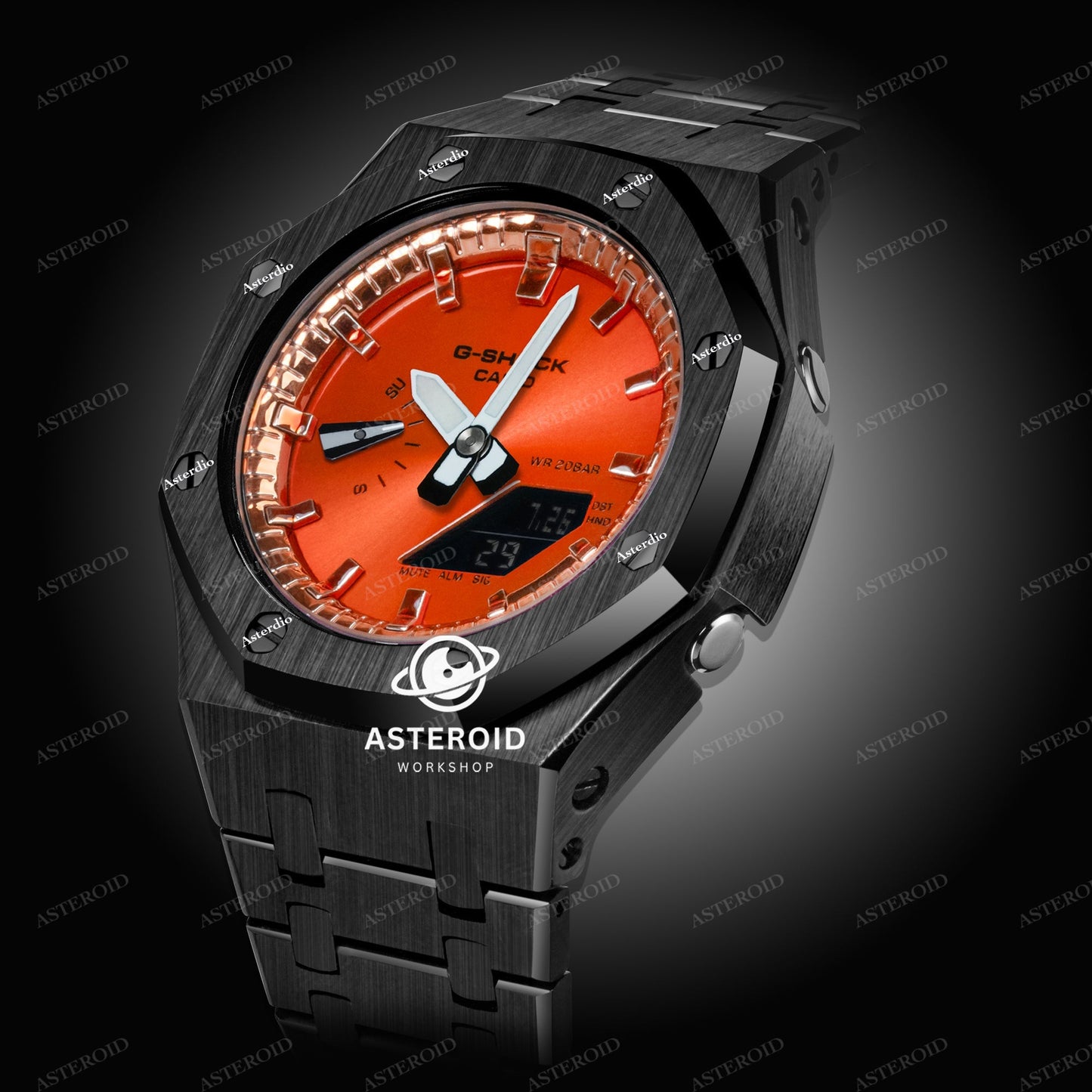 Black Case Metal Strap Orange Time Mark Orange Dial