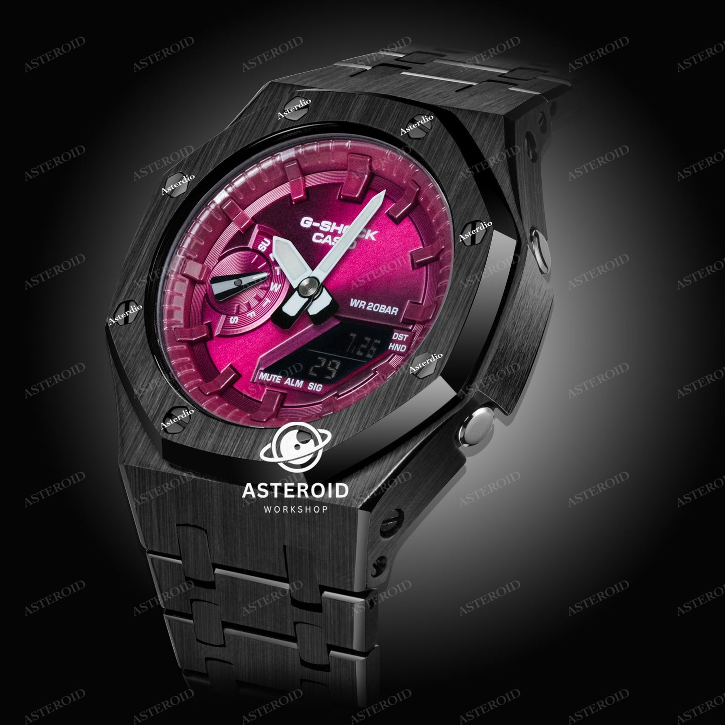 Black Case Metal Strap Magenta Dial