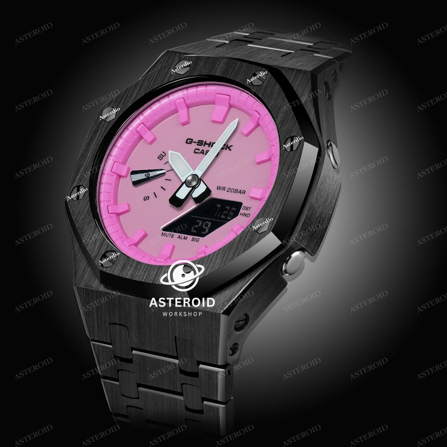 Black Case Metal Strap Pink Dial