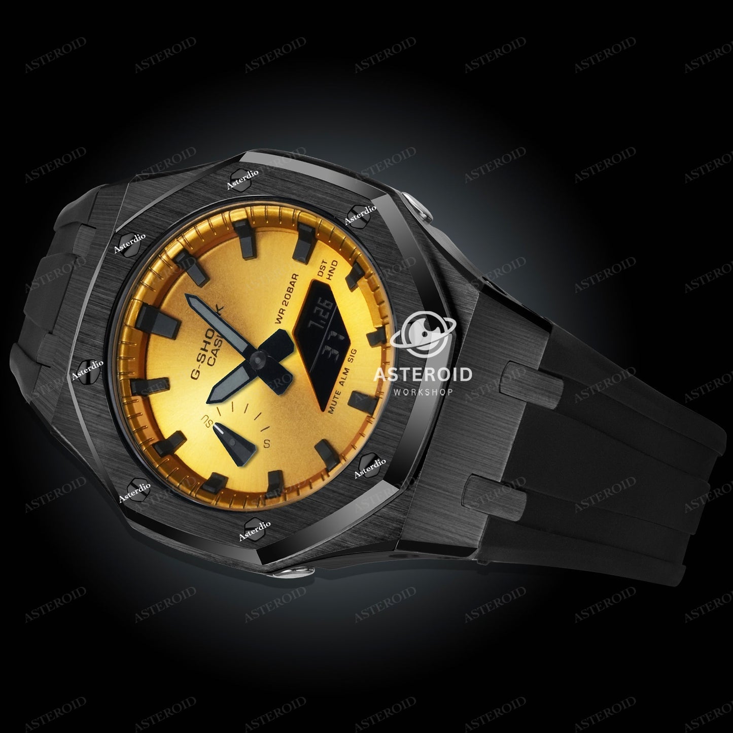 Black Case Rubber Strap Gold Black Time Mark Gold Dial