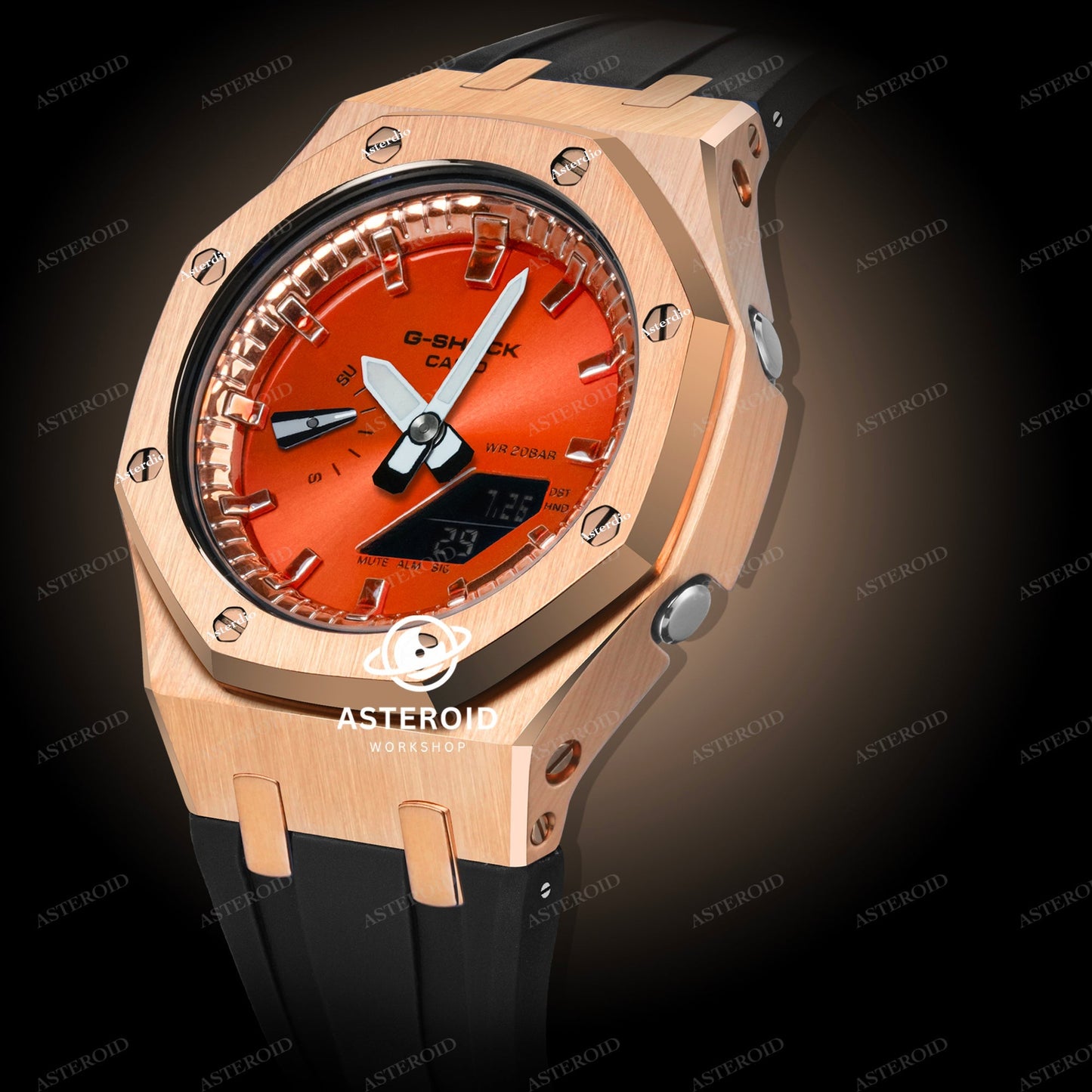 Rose Gold Case Black Strap Orange Time Mark Orange Dial