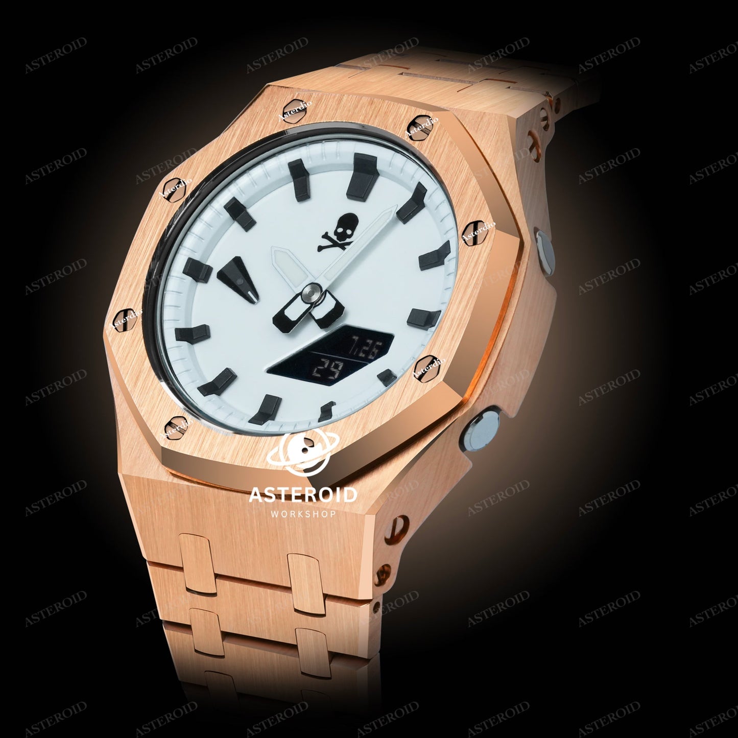 Rose Gold Case Metal Strap Black White Time Mark White Dial