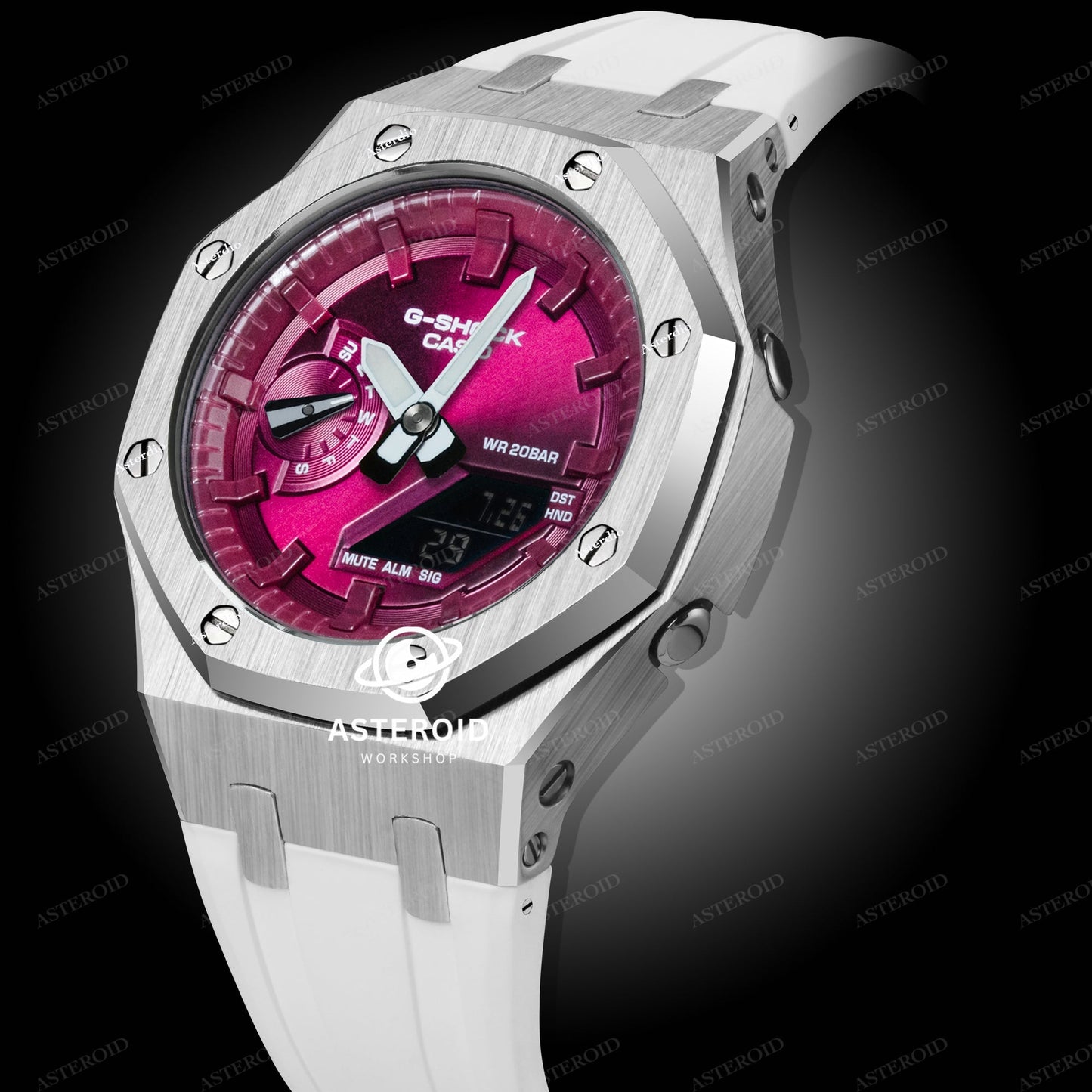 Silver Case White Strap Magenta Dial