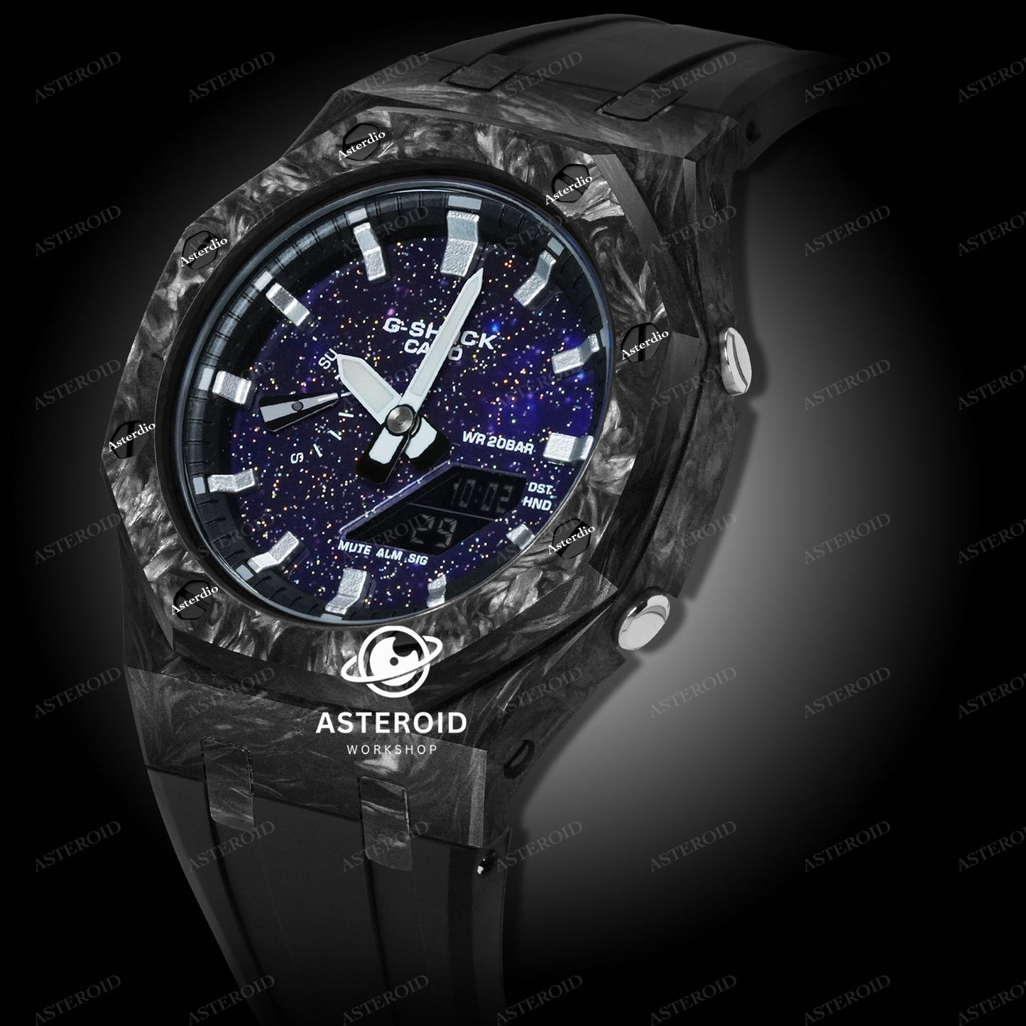 Carbon Fiber Case Black Strap Silver Time Mark Galaxy Dial