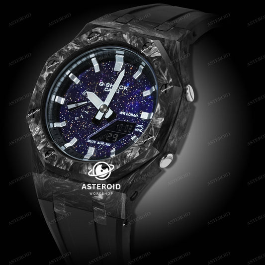 Carbon Fiber Case Black Strap Silver Time Mark Galaxy Dial