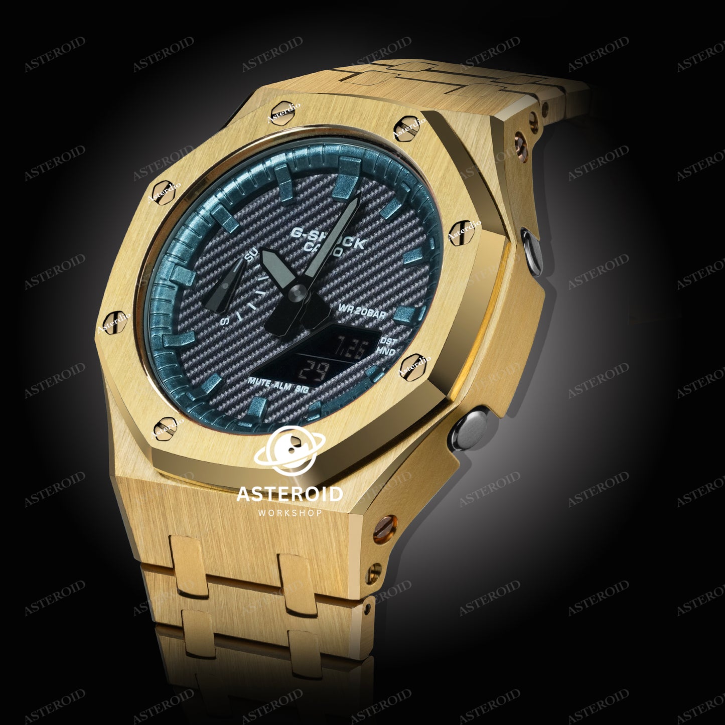 Gold Case Metal Strap Turquoise Time Mark Black Dial