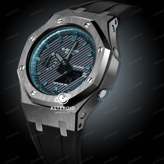 Grey Case Black Strap Turquoise Time Mark Black Dial