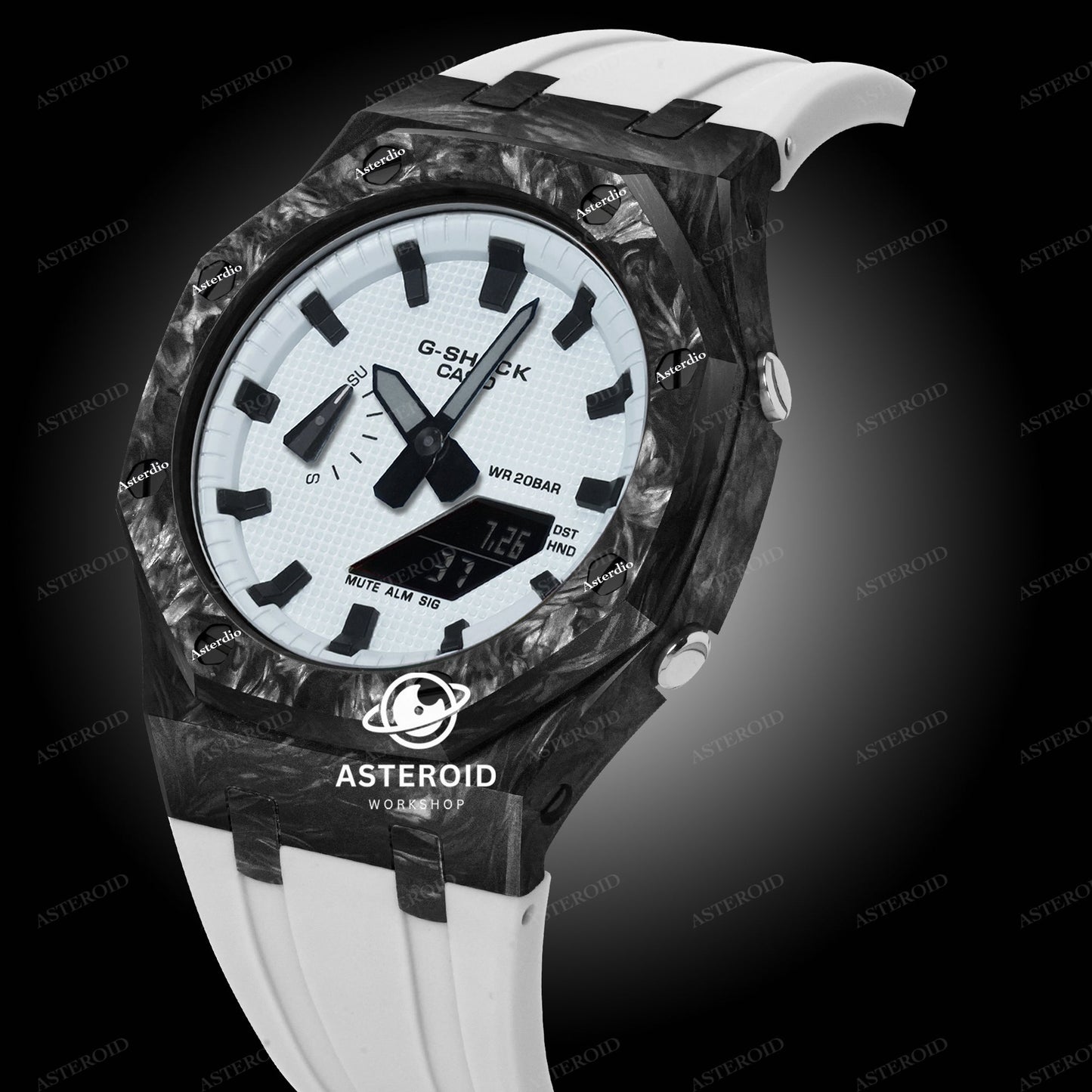 Carbon Fiber Case White Strap Black Time Mark White Dial