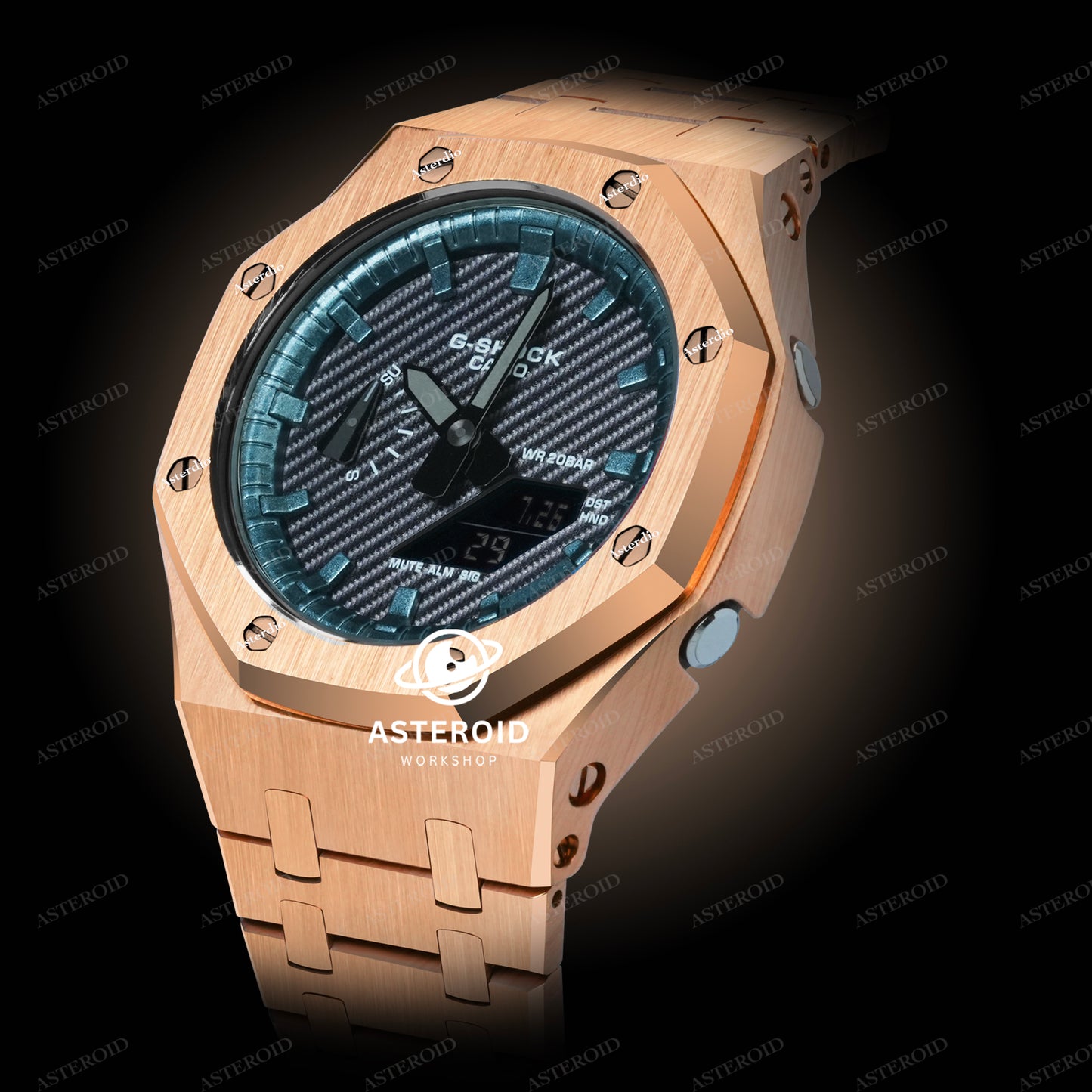 Rose Gold Metal Strap Turquoise Time Mark Black Dial