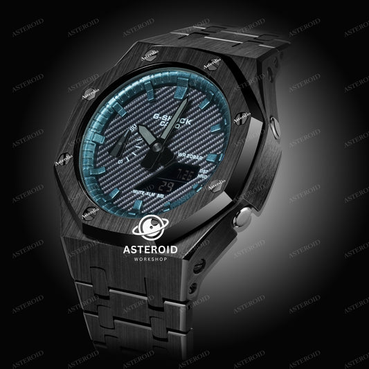 Black Case Metal Strap Turquoise Time Mark Black Dial