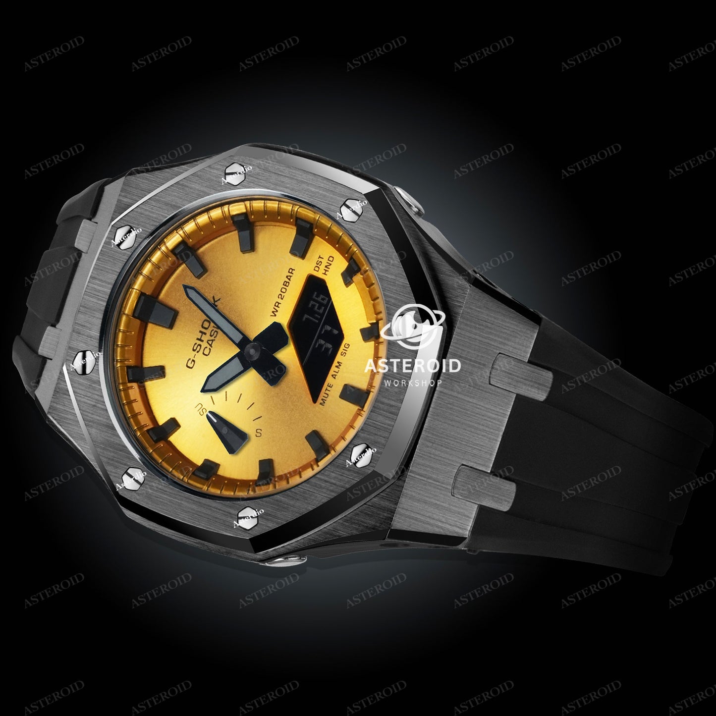 Grey Case Rubber Strap Gold Black Time Mark Gold Dial