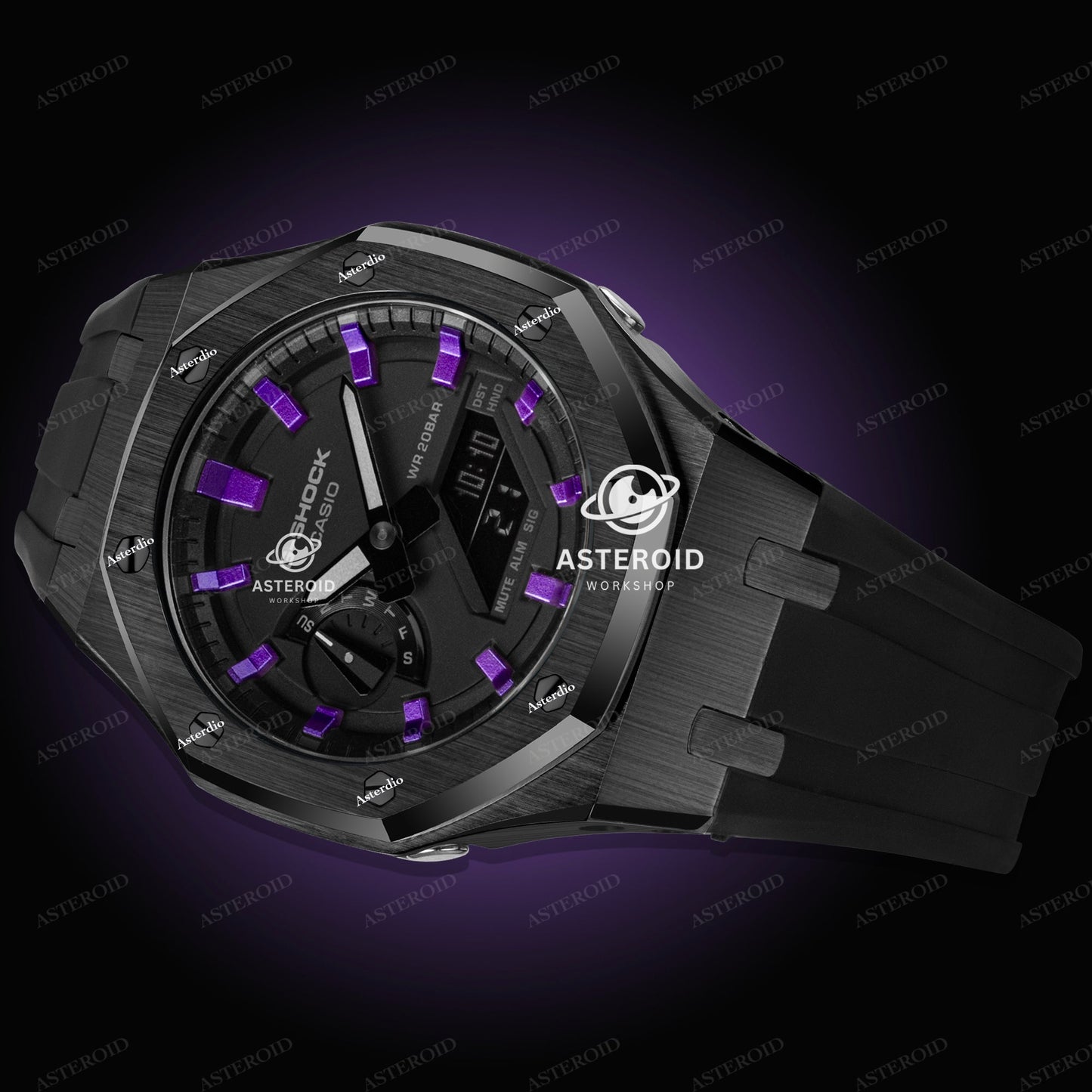 Black Case Rubber Strap Purple Time Mark Black Dial