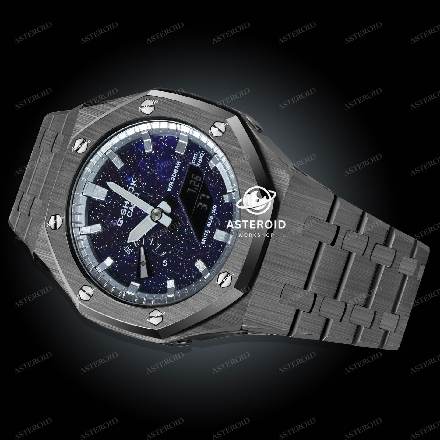 Grey Case Metal Strap Silver Time Mark Galaxy Dial