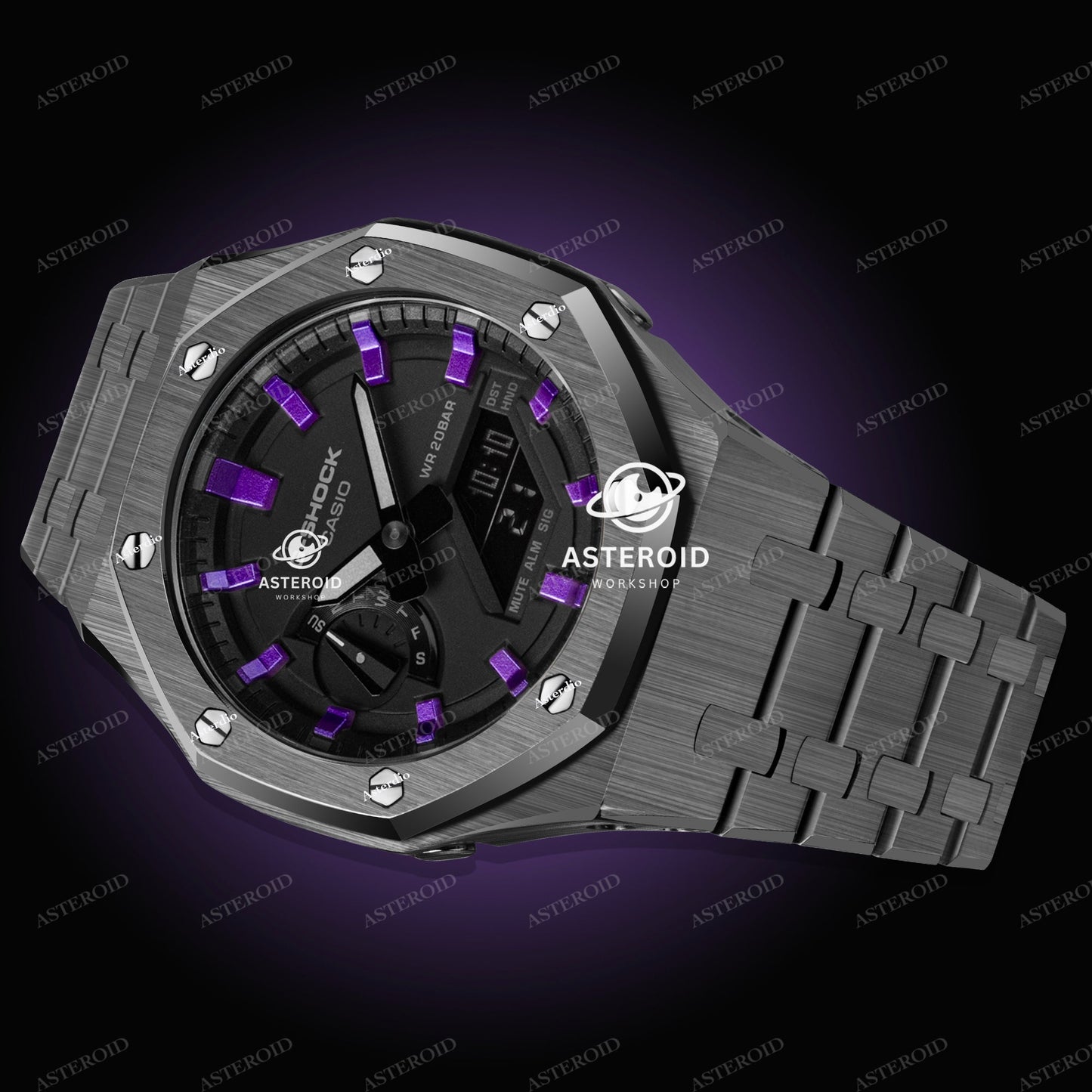 Grey Case Metal Strap Purple Time Mark Black Dial