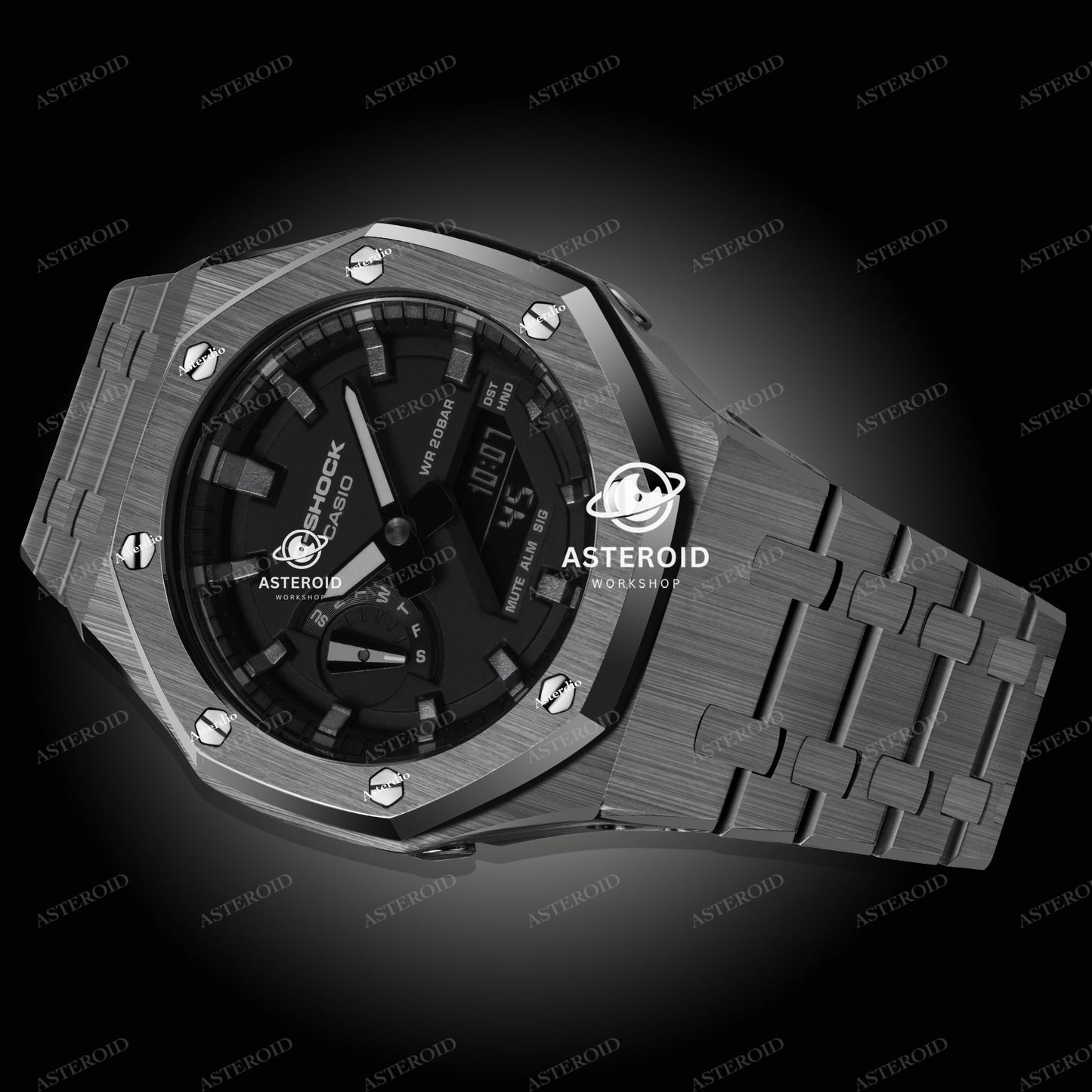 Grey Case Metal Strap Meteorite Time Mark Black Dial