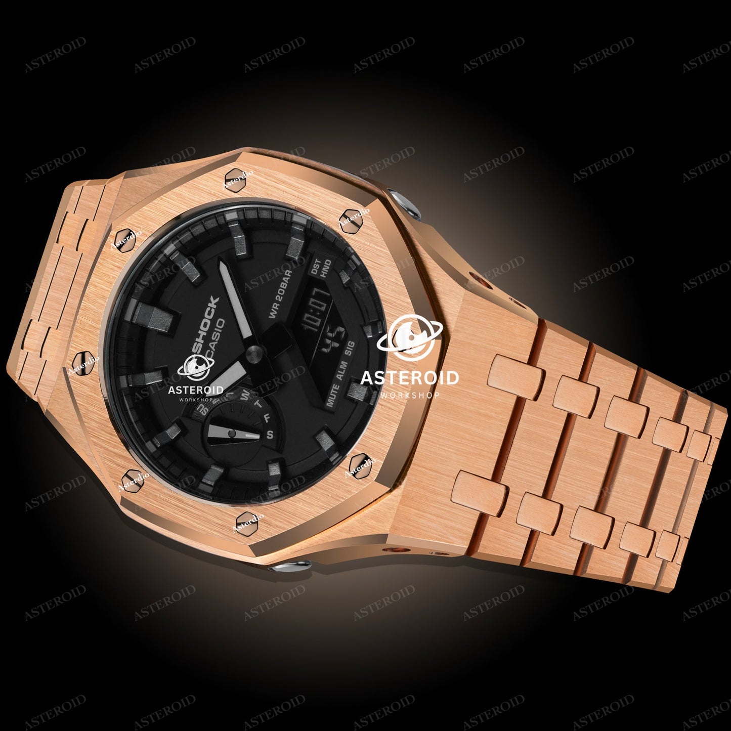 Rose Gold Case Metal Strap Meteorite Time Mark Black Dial