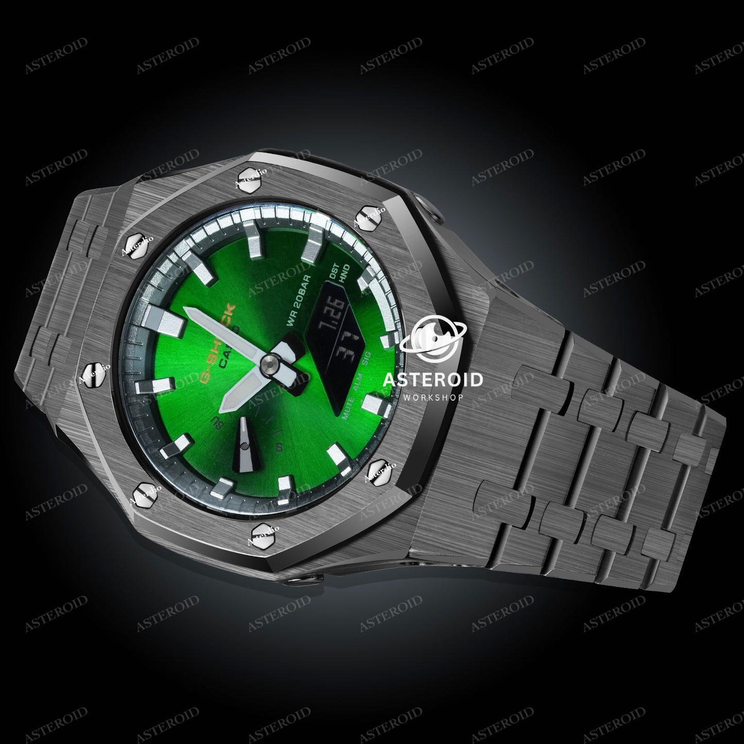 Grey Case Metal Strap Double Sliver Time Mark Green Dial