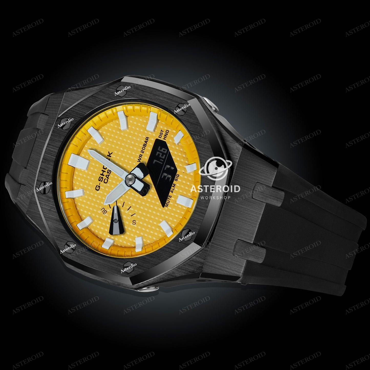 Black Case Rubber Strap Yellow White Time Mark Yellow Dial