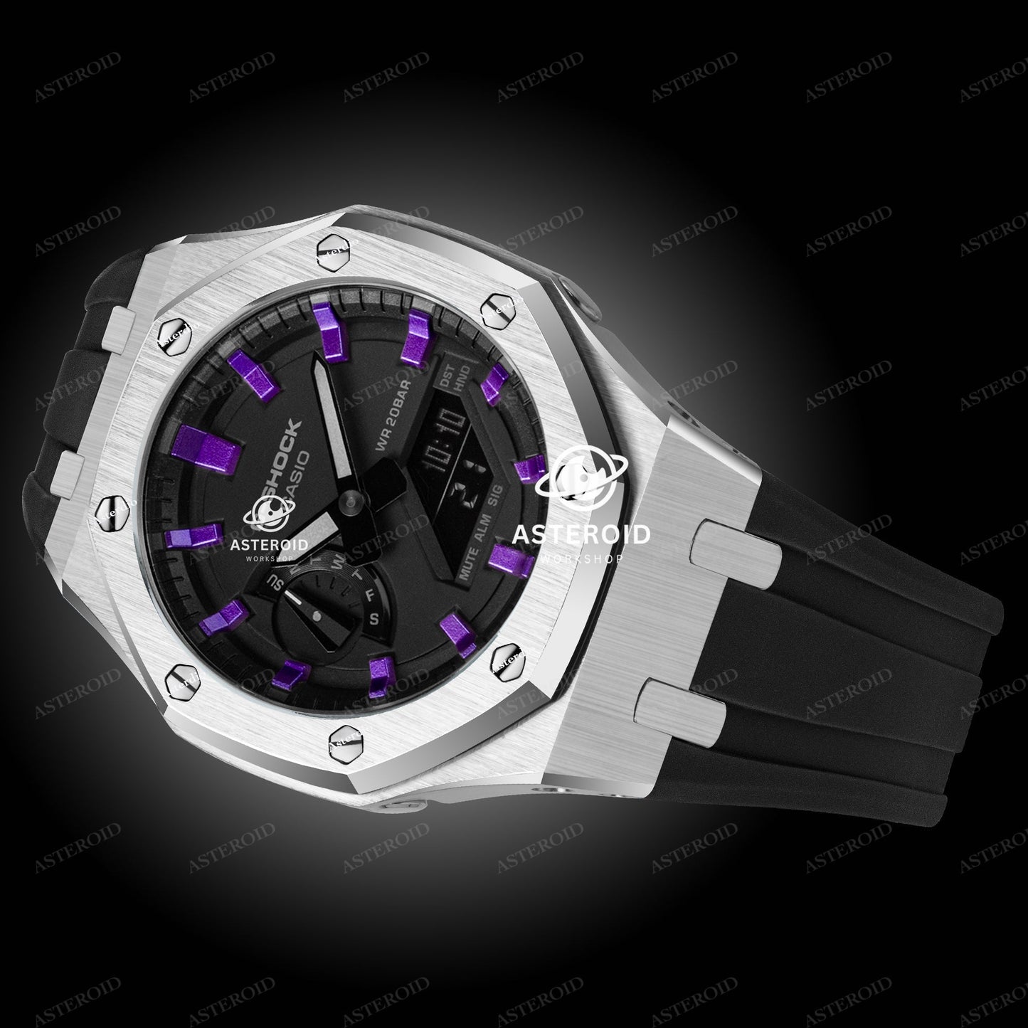 Silver Case Rubber Strap Purple Time Mark Black Dial