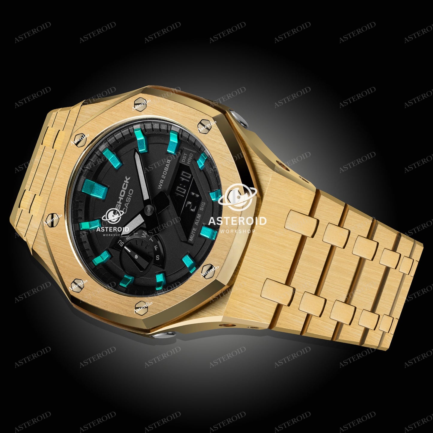 Gold Case Metal Strap Turquoise Time Mark Black Dial