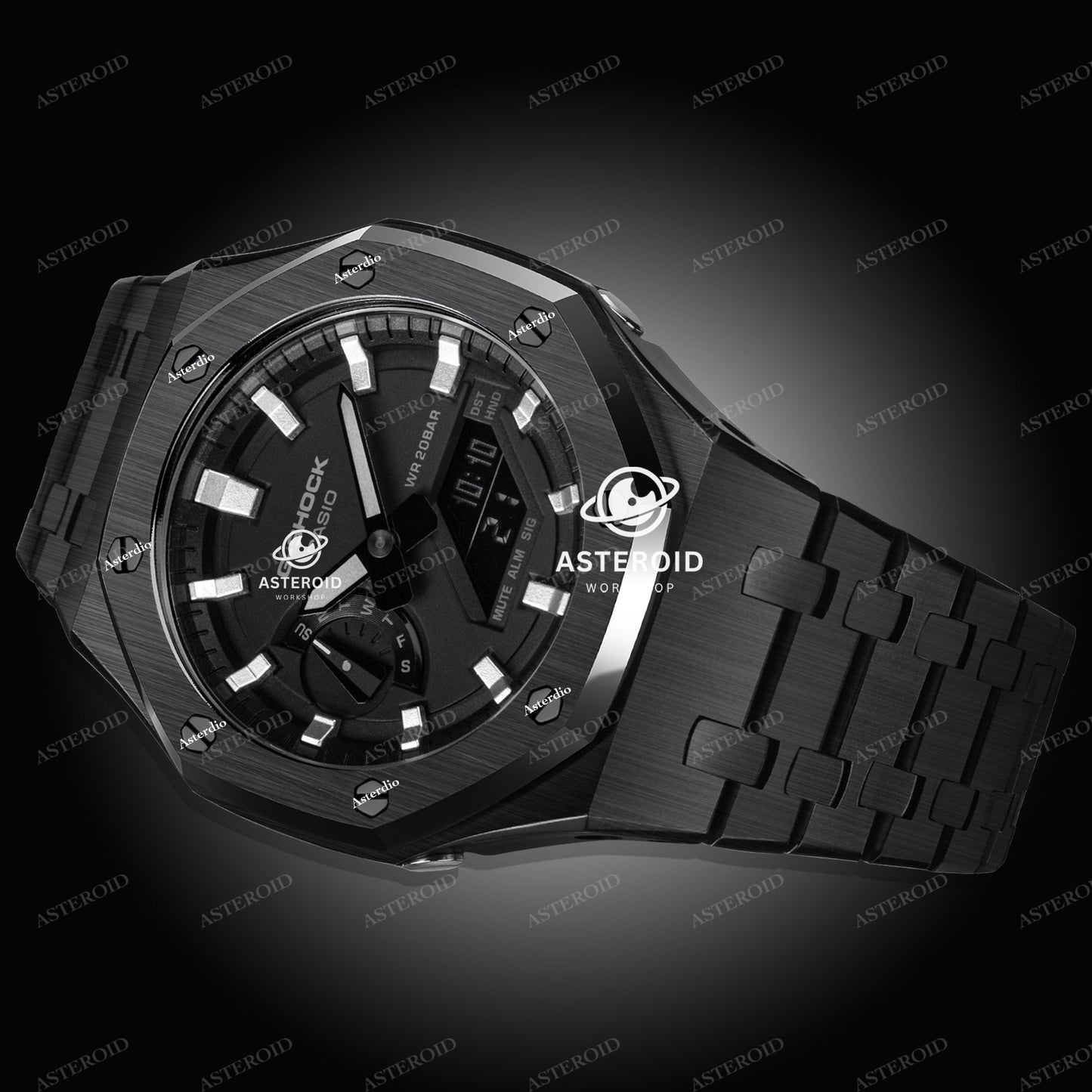 Black Case Metal Strap Silver Time Mark Black Dial