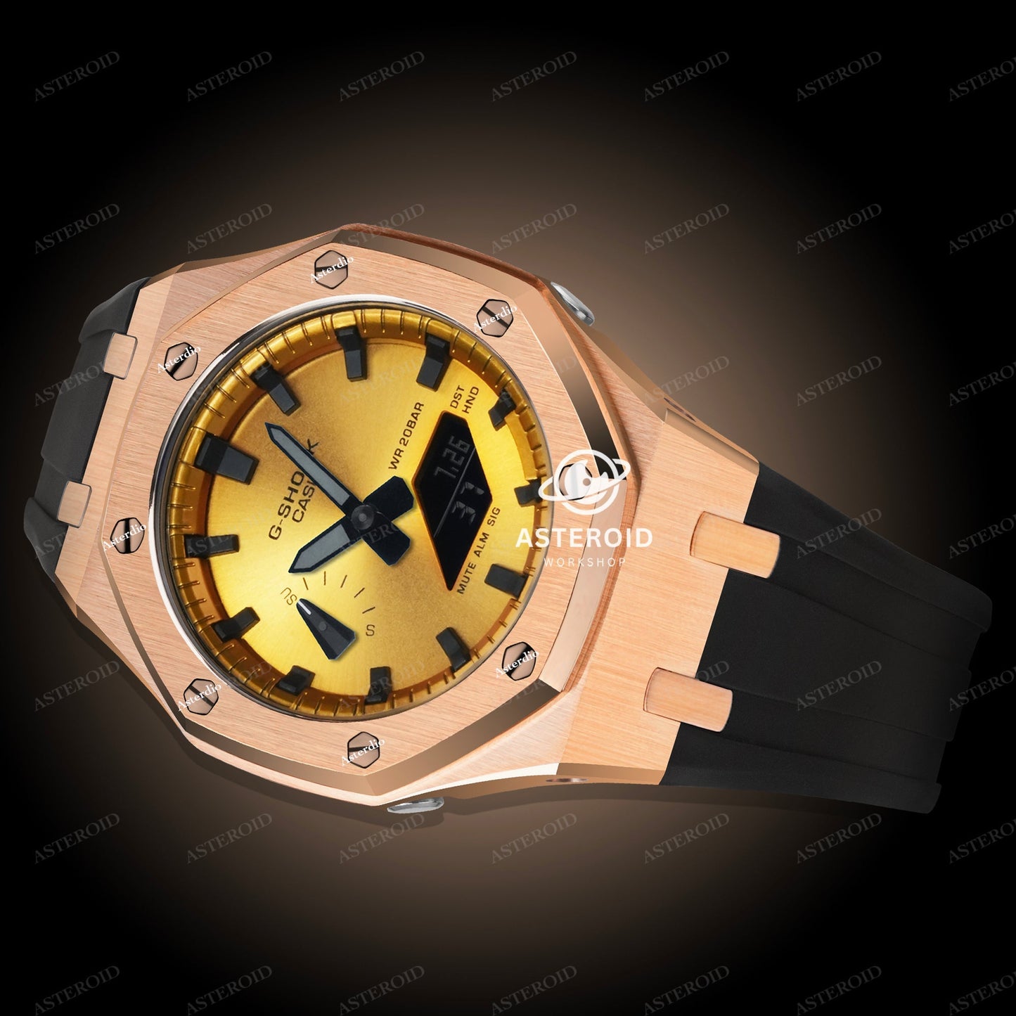 Rose Gold Case Rubber Strap Gold Black Time Mark Gold Dial