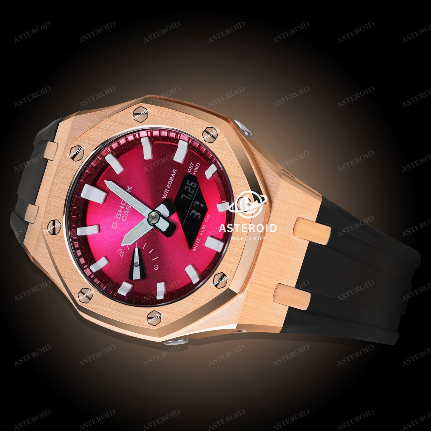 Rose Gold Case Rubber Strap Red White Time Mark Red Dial