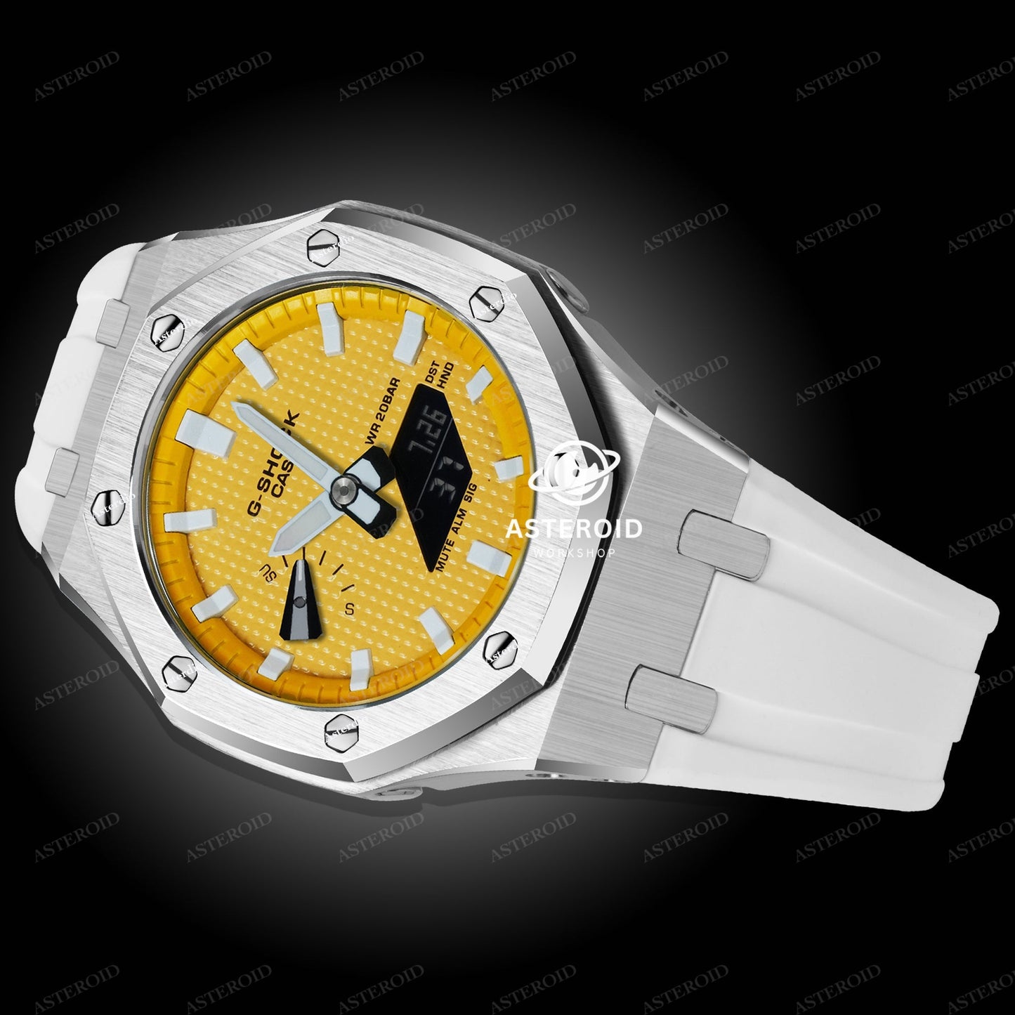 Silver Case Rubber Strap Yellow White Time Mark Yellow Dial