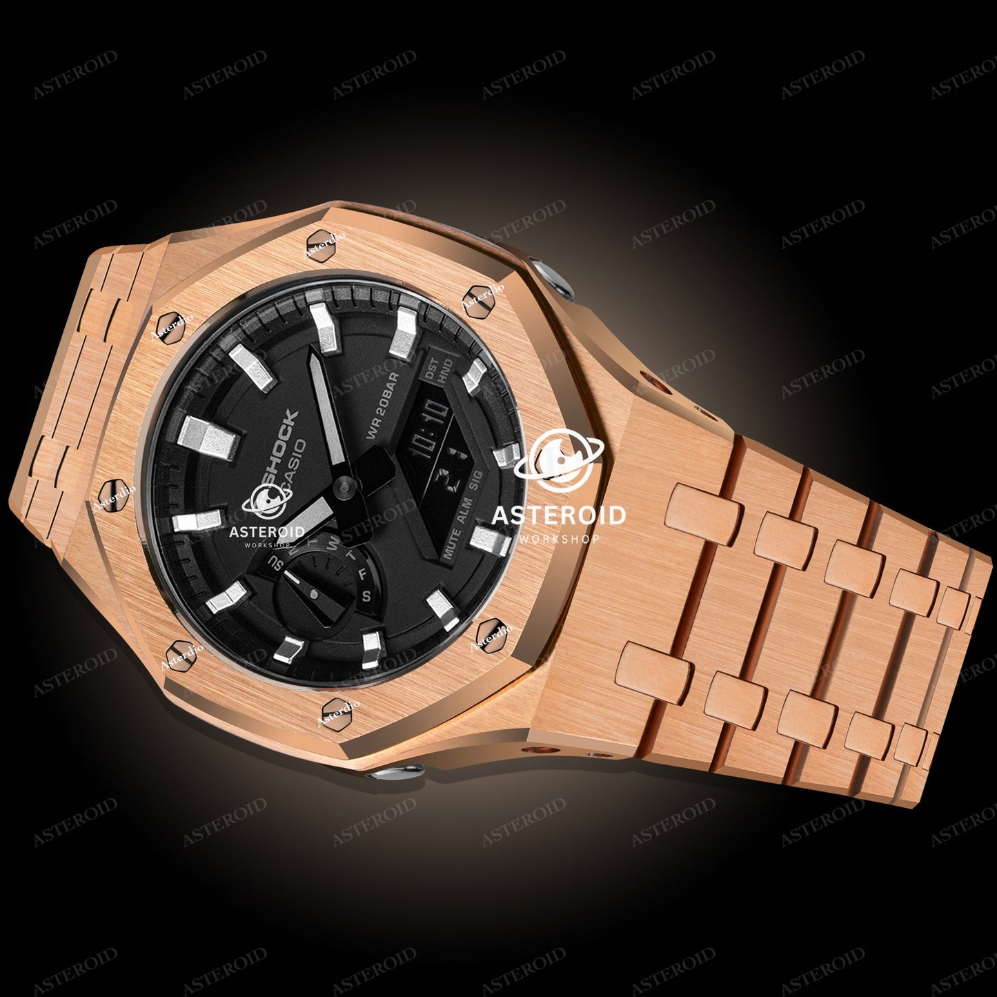 Rose Gold Case Metal Strap Silver Time Mark Black Dial