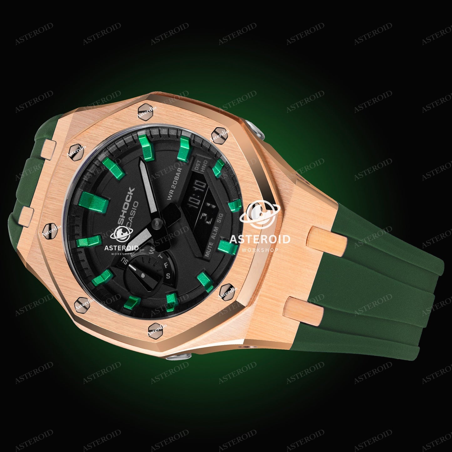 Rose Gold Case Rubber Strap Green Time Mark Black Dial