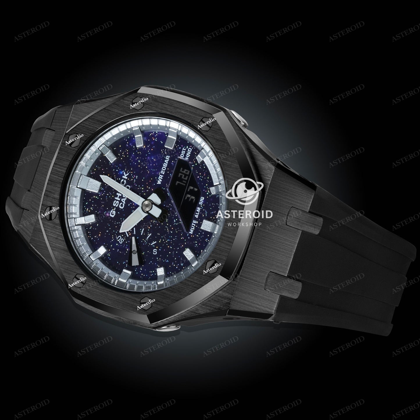 Black Case Rubber Strap Silver Time Mark Galaxy Dial