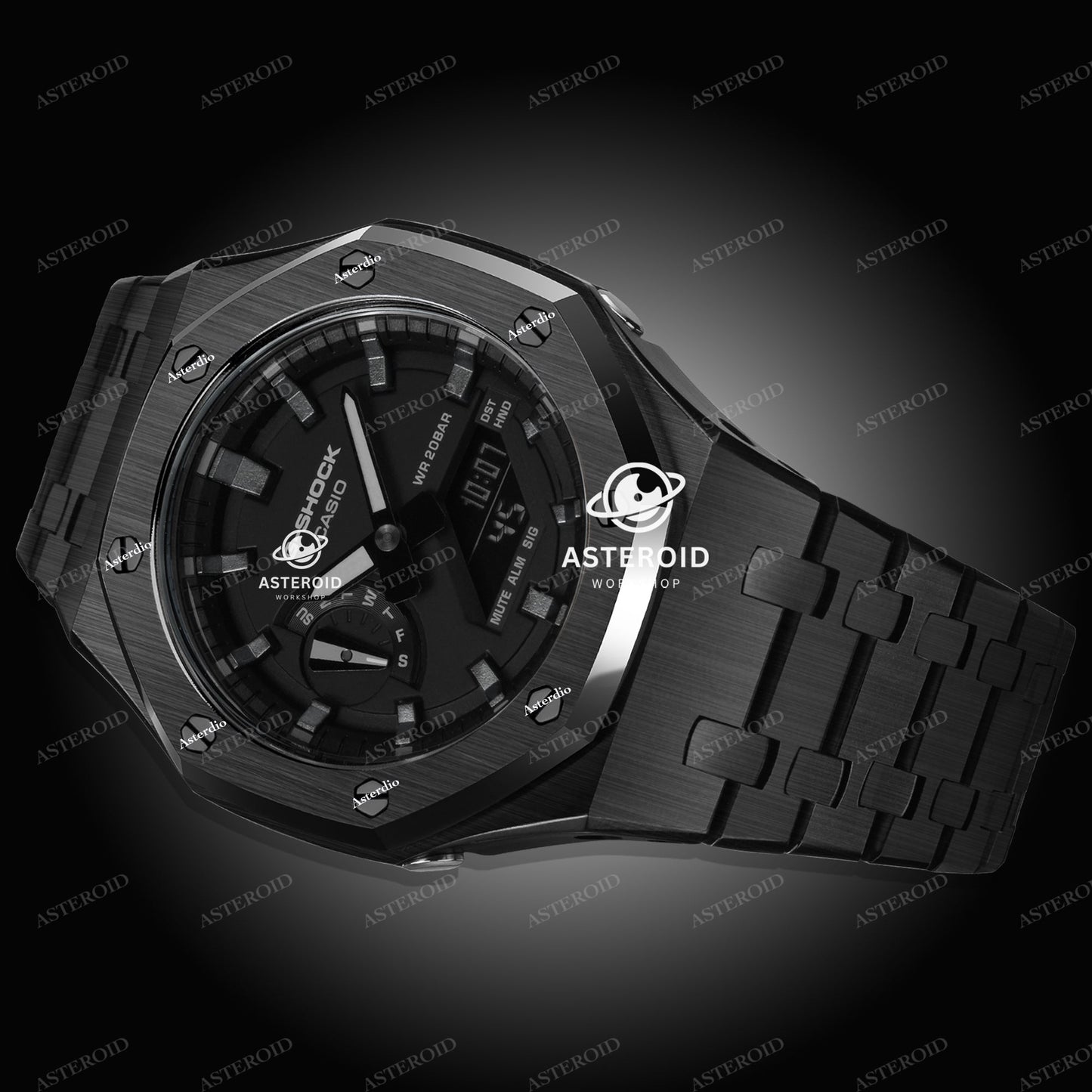 Black Case Metal Strap Meteorite Time Mark Black Dial