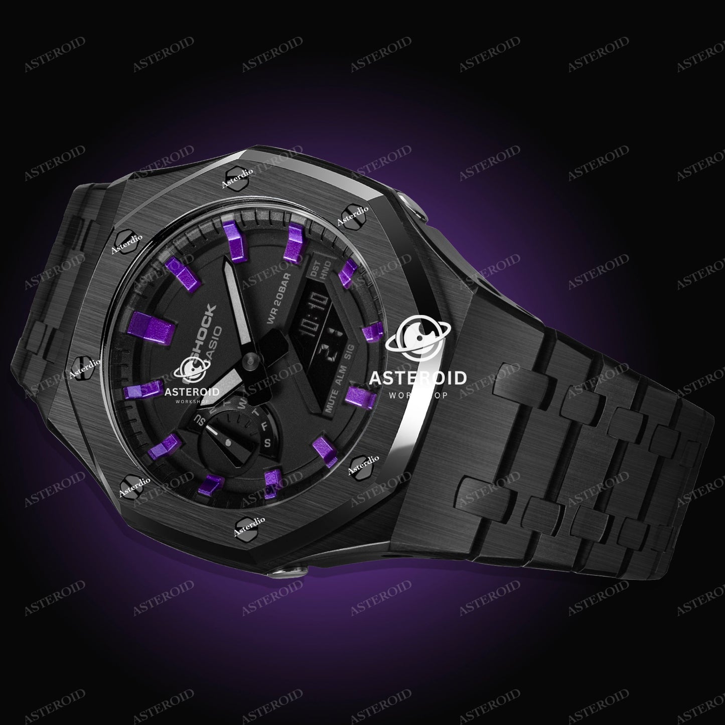 Black Case Metal Strap Purple Time Mark Black Dial