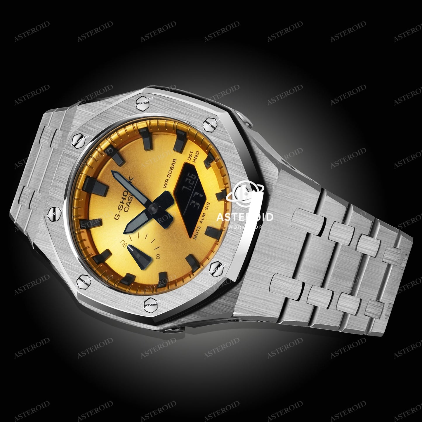 Silver Case Metal Strap Gold Black Time Mark Gold Dial