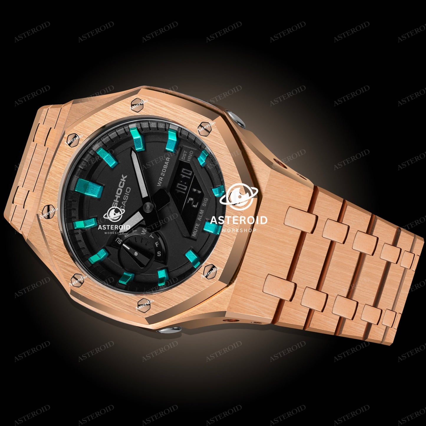 Rose Gold Case Metal Strap Turquoise Time Mark Black Dial