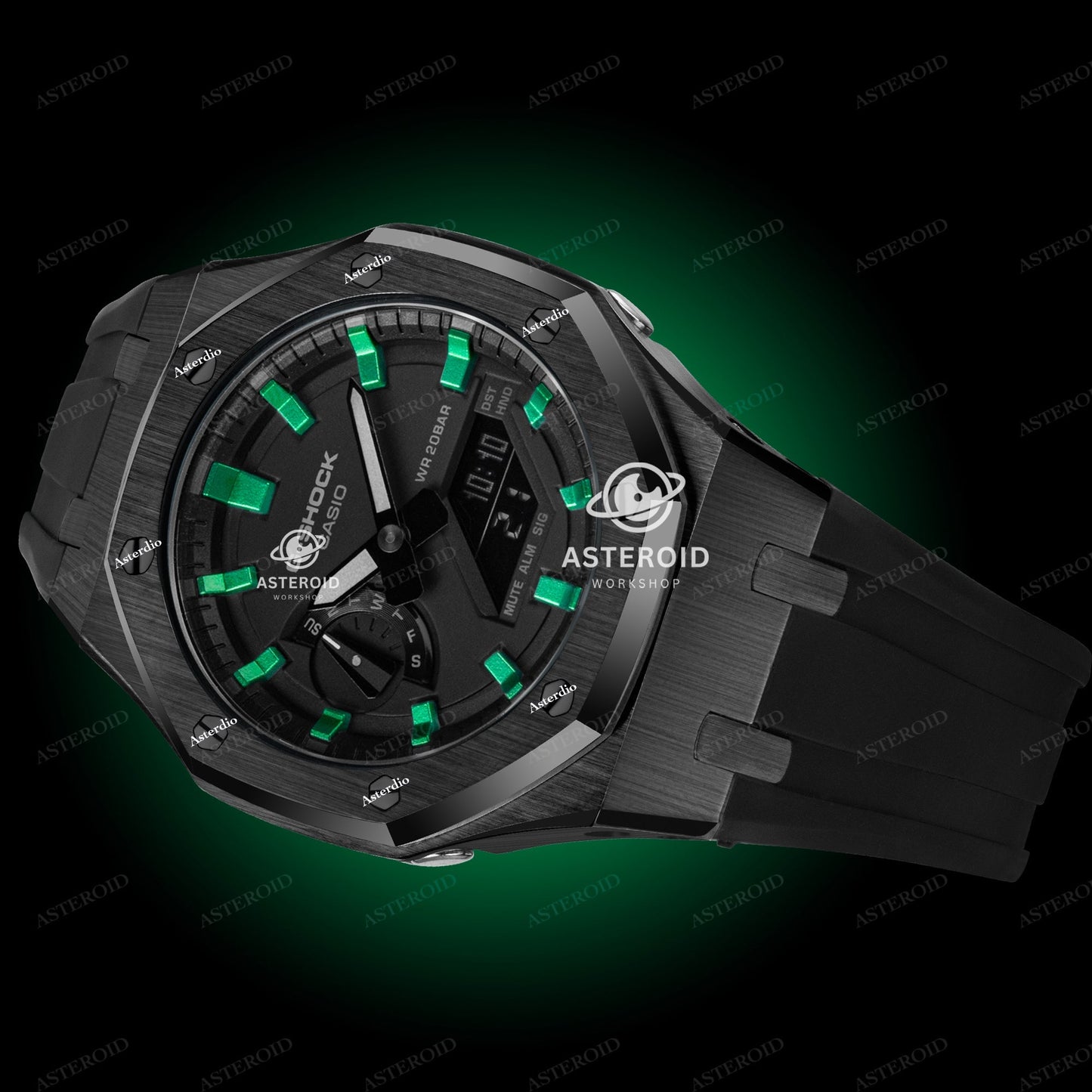 Black Case Rubber Strap Green Time Mark Black Dial