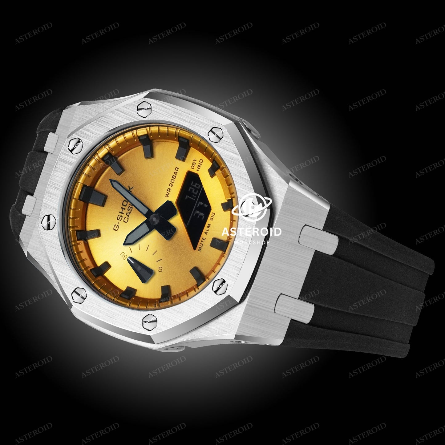 Silver Case Rubber Strap Gold Black Time Mark Gold Dial