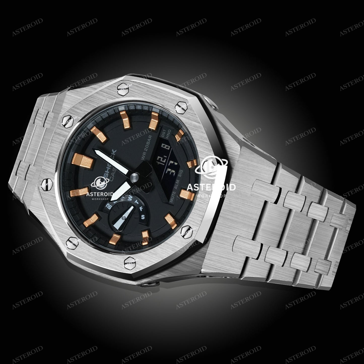 Silver Case Metal Strap Rose Gold Time Mark Black Dial