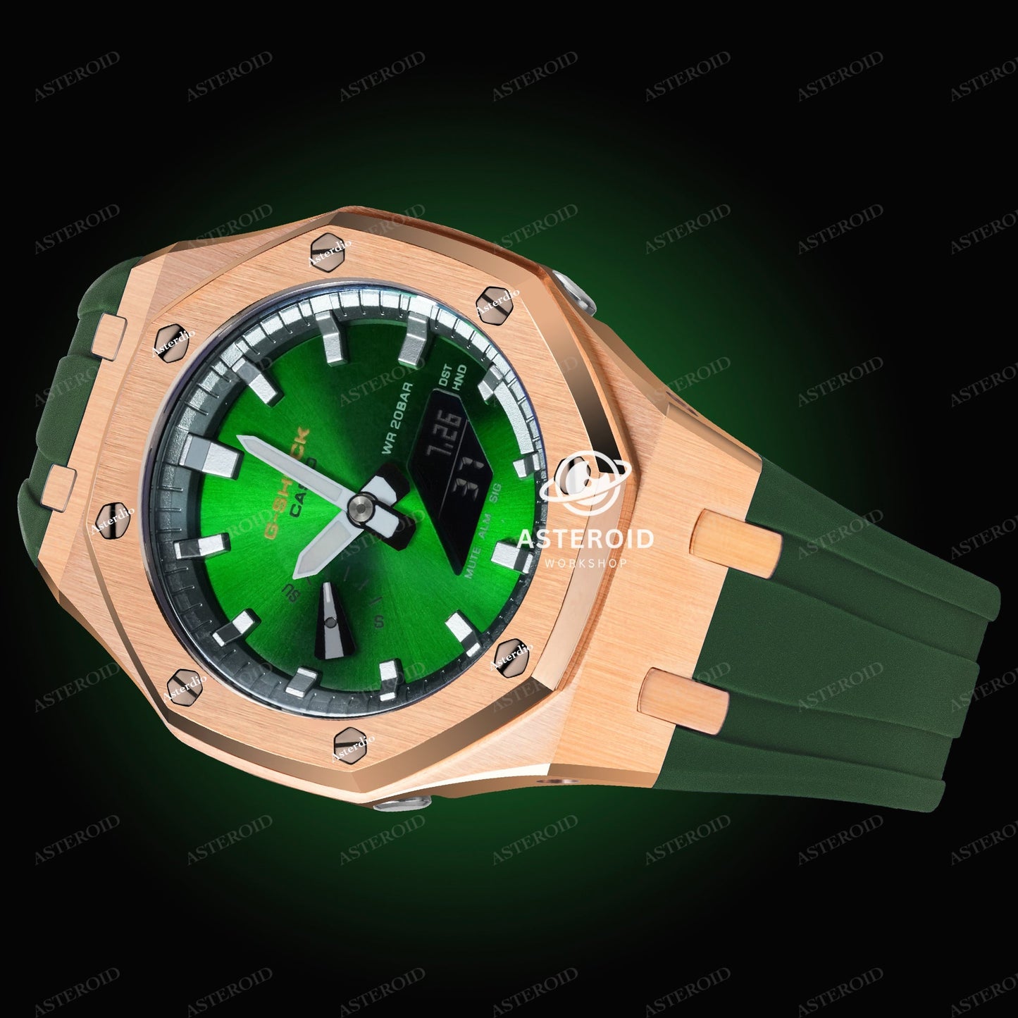 Rose Gold Case Green Strap Double Sliver Time Mark Green Dial