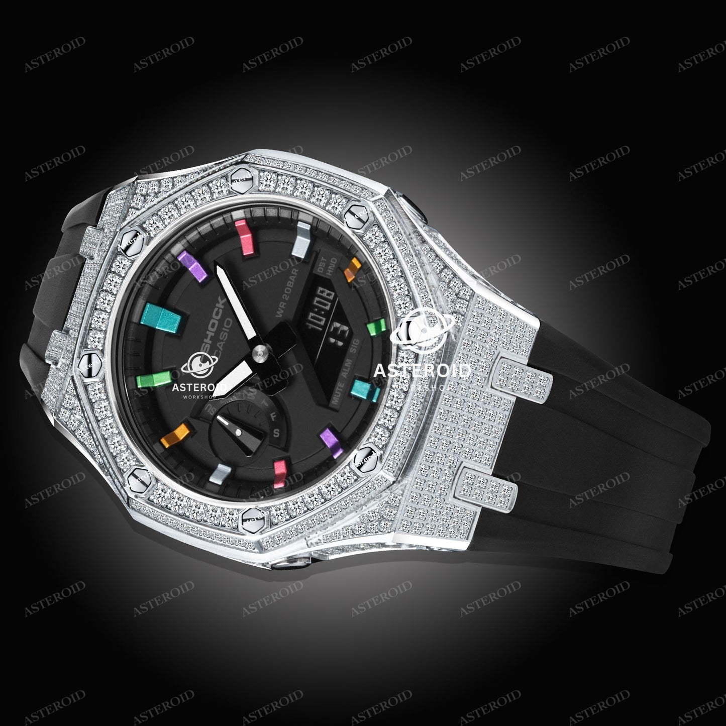 Diamond Case Black Strap Rainbow Time Mark Black Dial