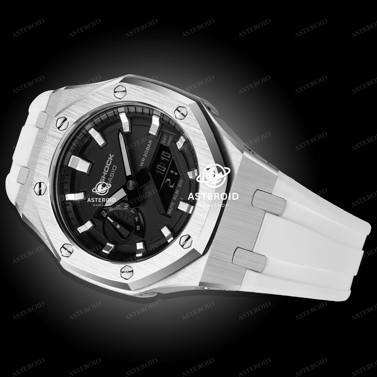 Silver Case Rubber Strap Silver Time Mark Black Dial