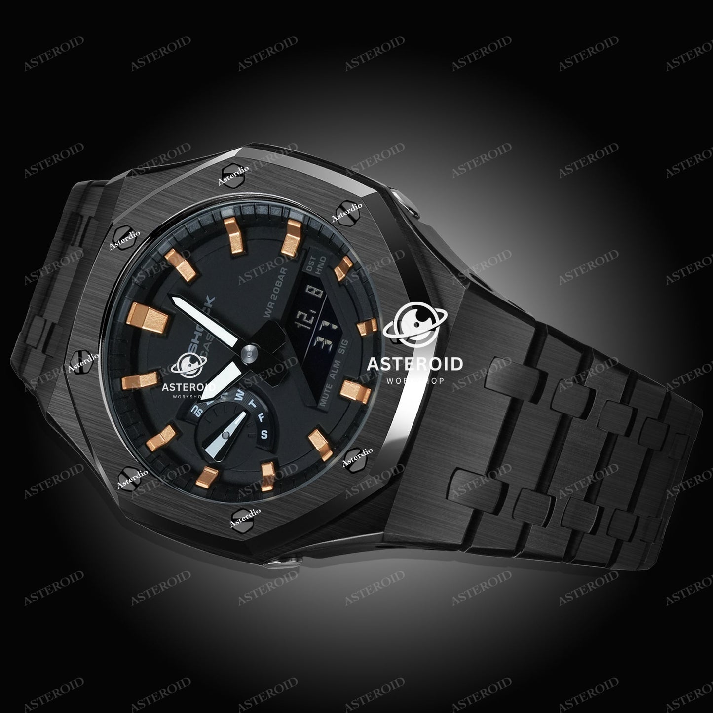 Black Case Metal Strap Rose Gold Time Mark Black Dial