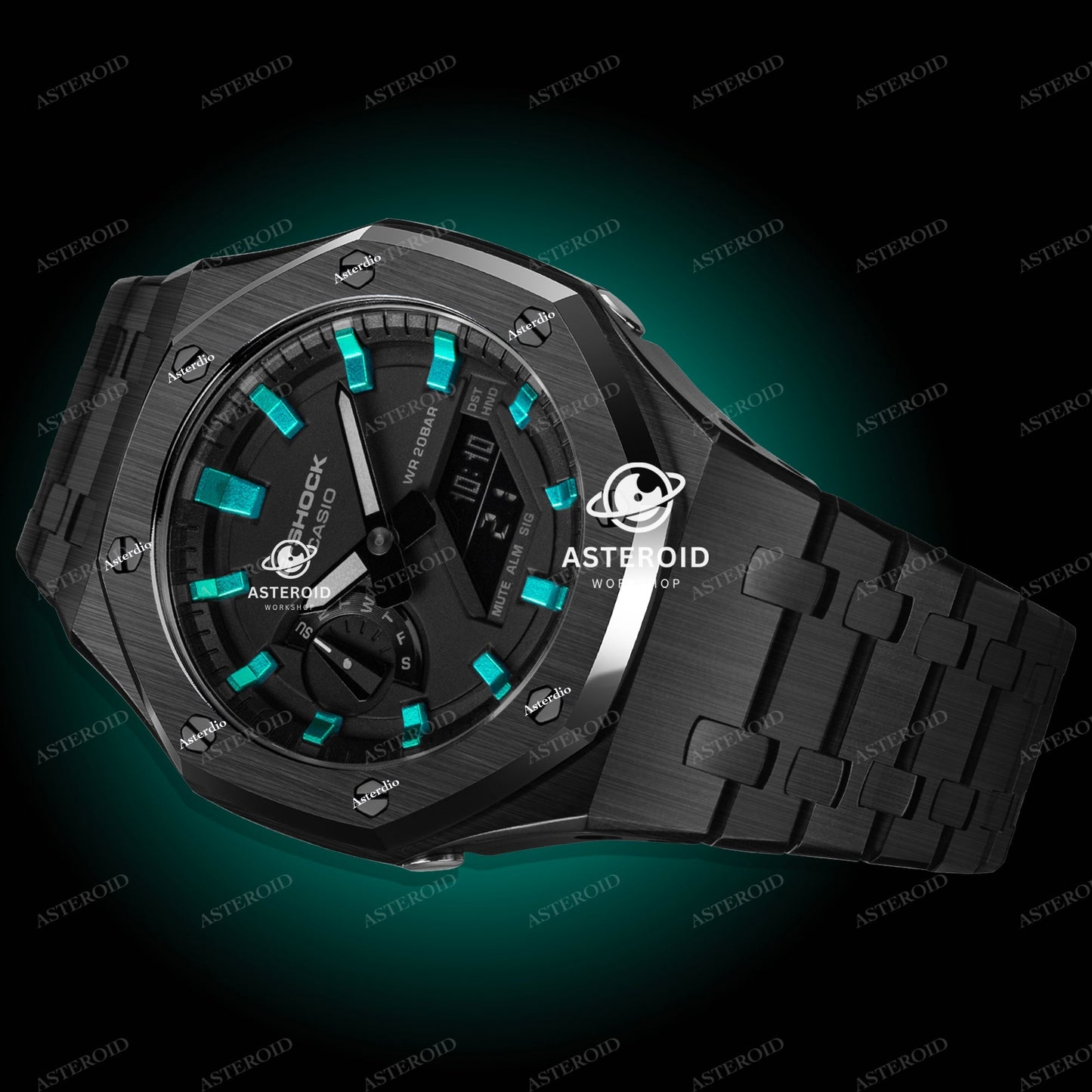 Black Case Metal Strap Turquoise Time Mark Black Dial