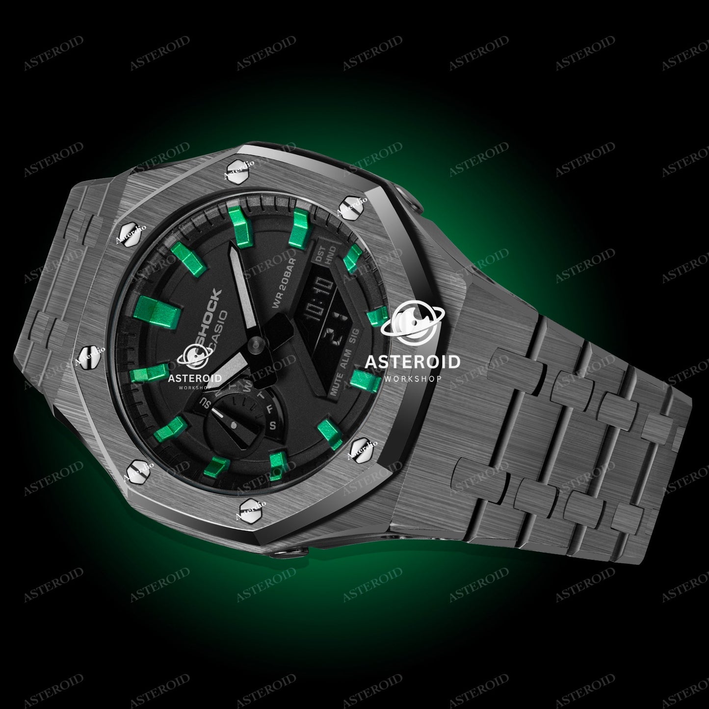 Grey Case Metal Strap Green Time Mark Black Dial