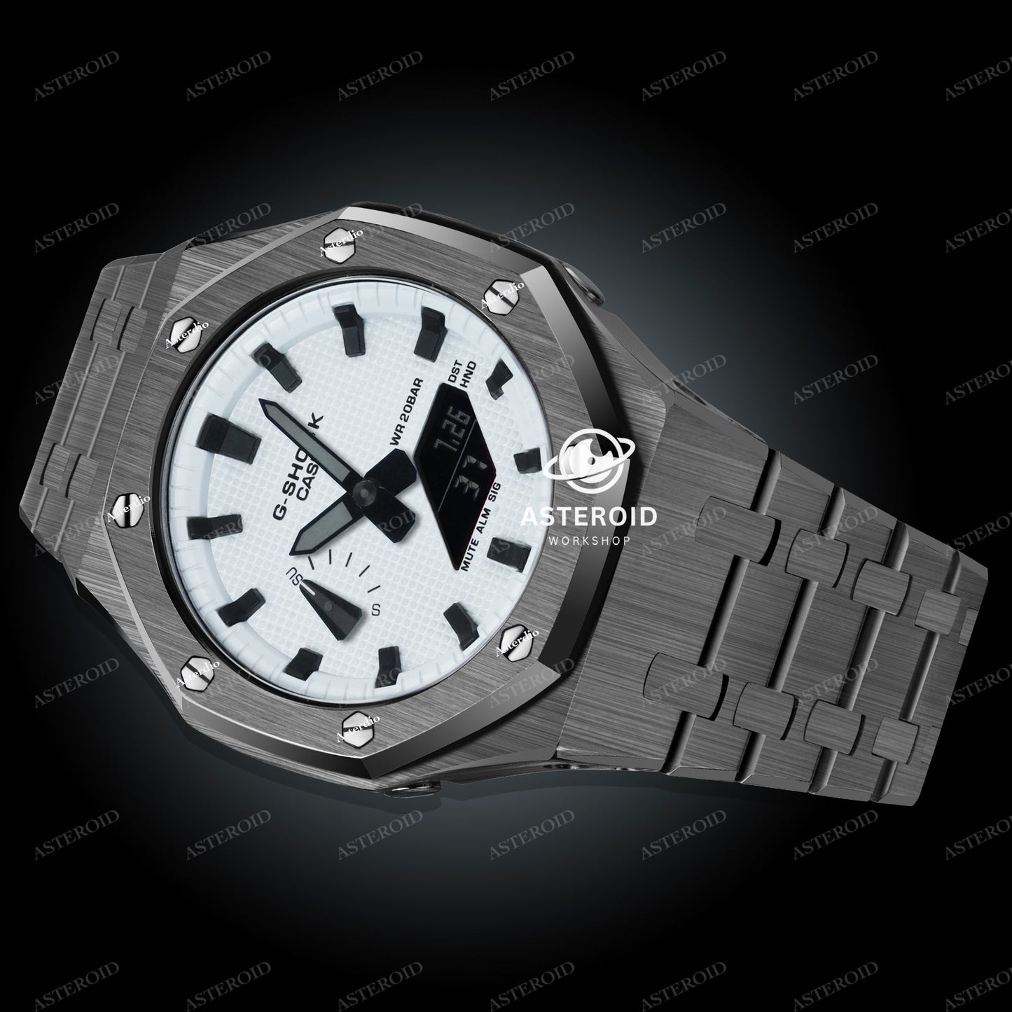 Grey Case Metal Strap White Black Time Mark White Dial