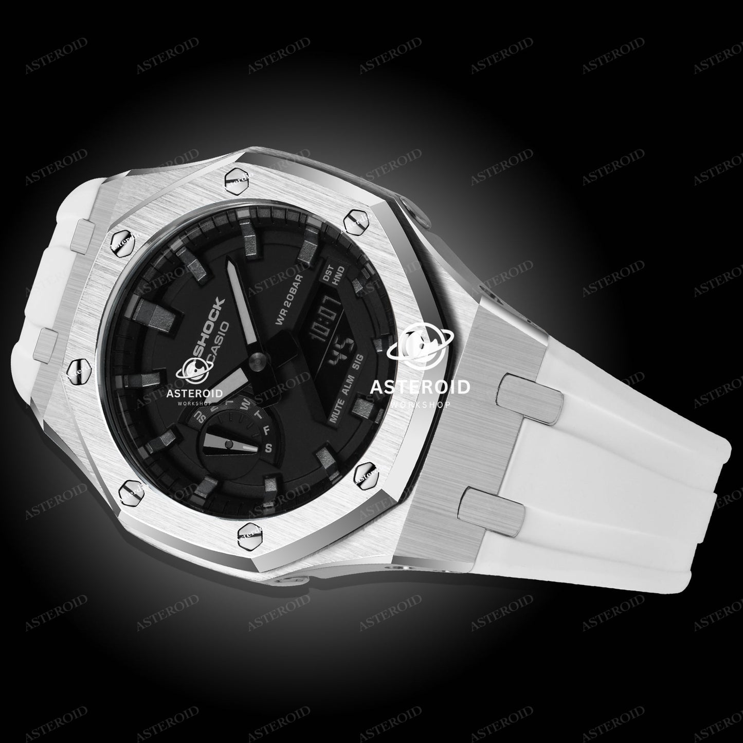 Silver Case Rubber Strap Meteorite Time Mark Black Dial