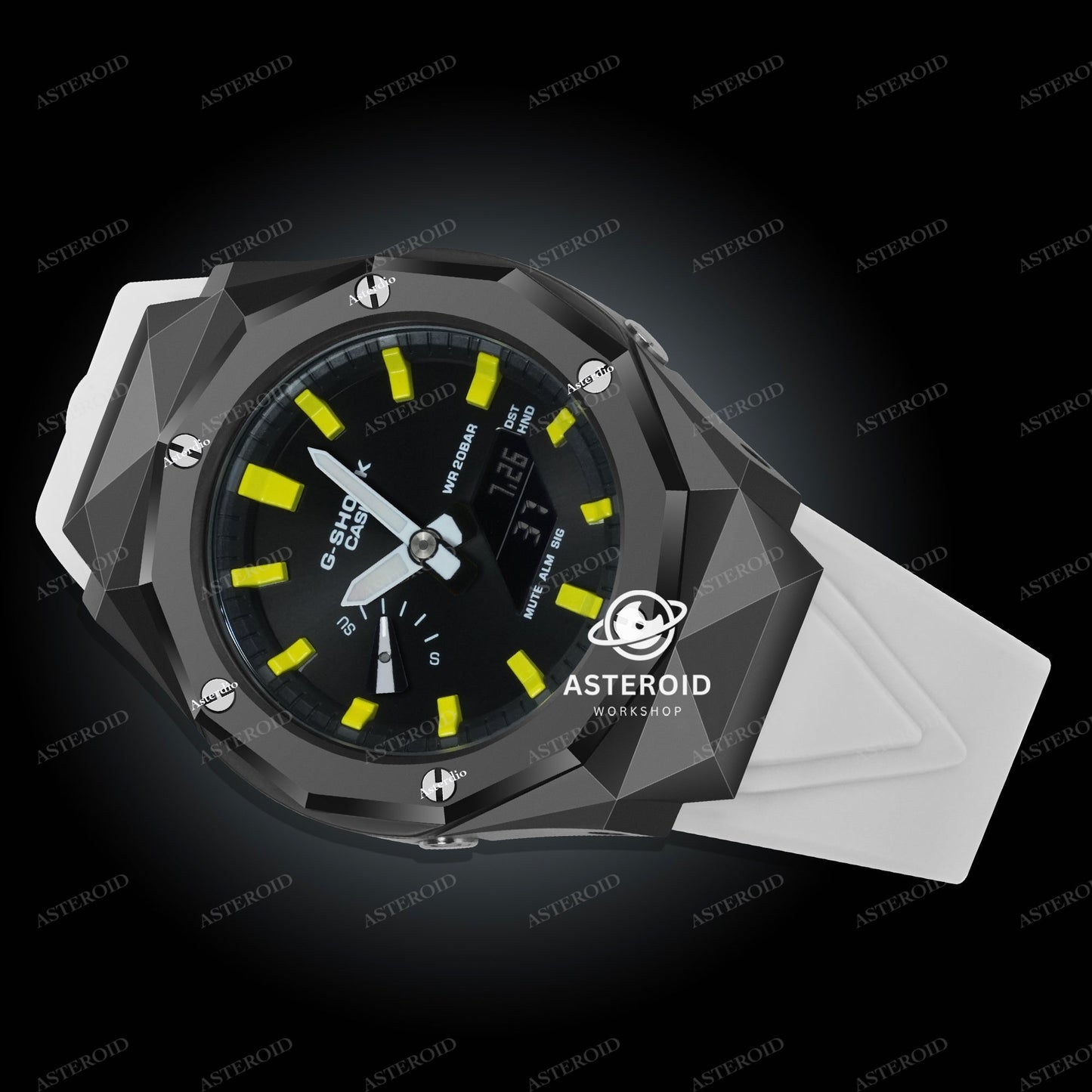 Black Case White Strap Yellow Time Mark Black Dial