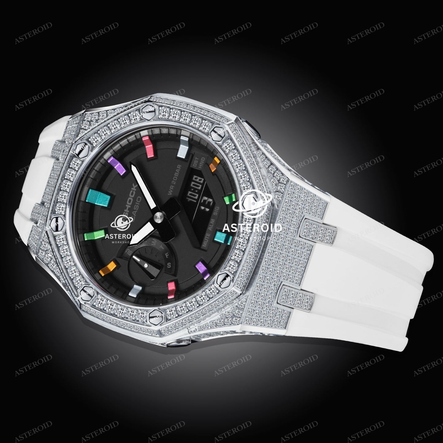 Diamond Case White Strap Rainbow Time Mark Black Dial