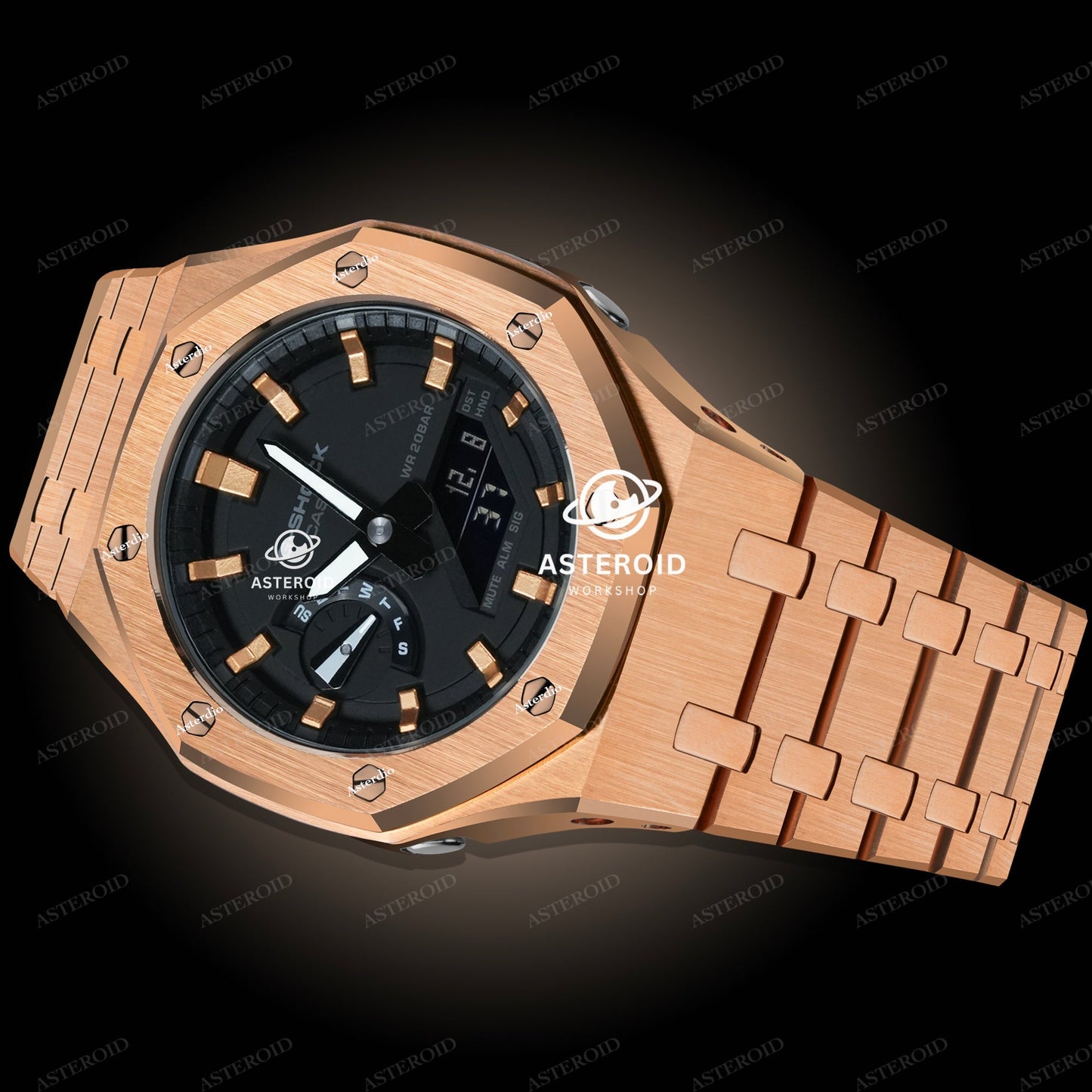 Rose Gold Case Metal Strap Rose Gold Time Mark Black Dial