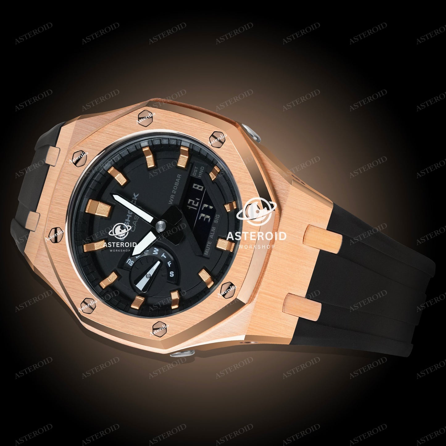 Rose Gold Case Rubber Strap Rose Gold Time Mark Black Dial